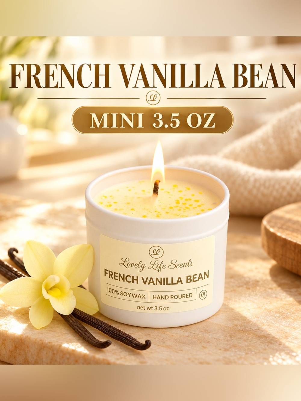 French Vanilla Bean Mini 3.5 oz Premium Soy Candle Tin, from Lovely Life Scents